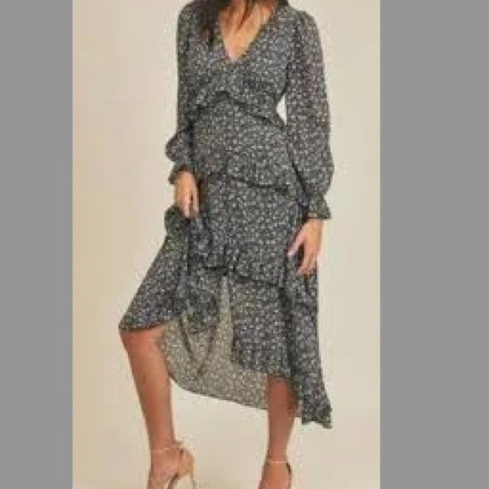 Lush‎ Floral Ruffle Tiered V-Neck Lined Midi Dress Cottage Core Women's Size S